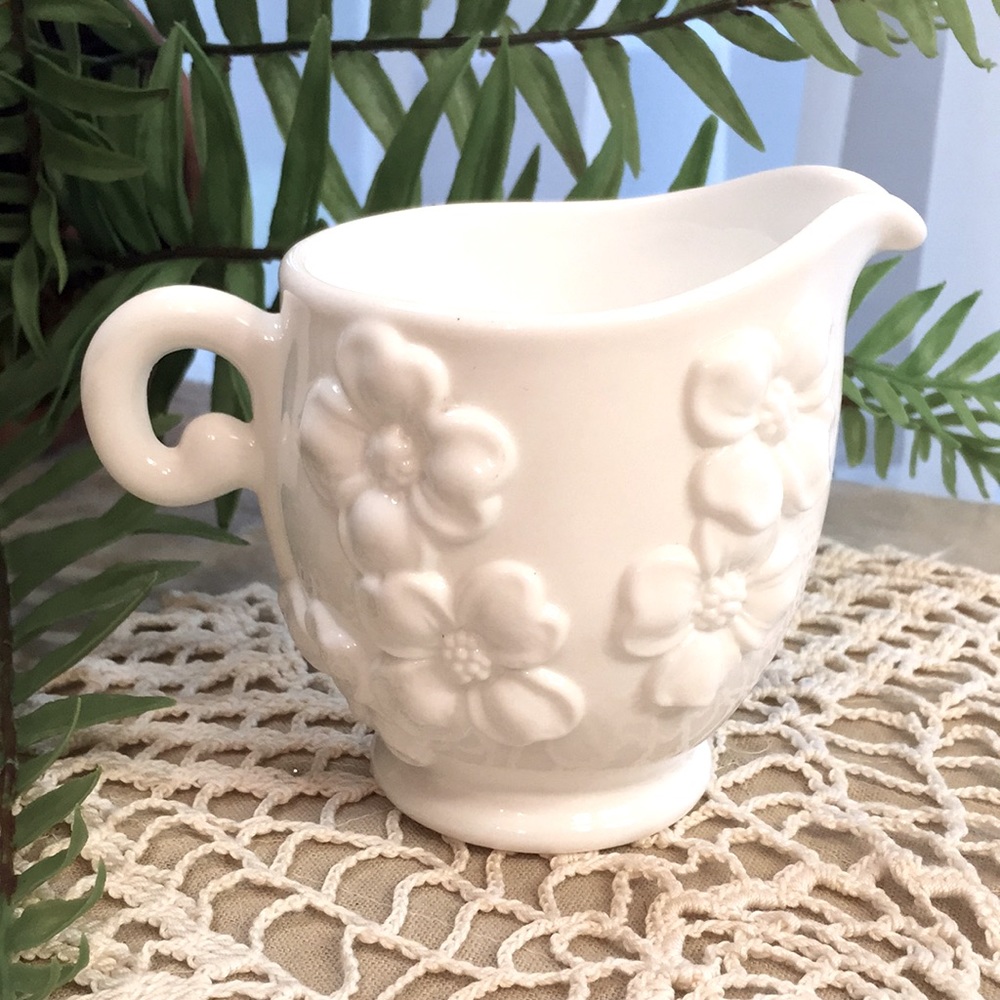 Vintage Milk Glass Creamer With Dogwood Flowers